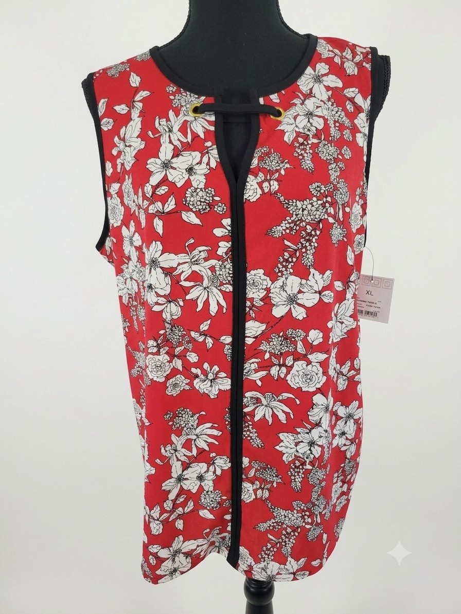 Liz Claiborne Red Floral Sleeveless Tunic With Black Trim And Gold Eyelet